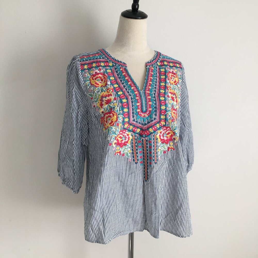 SAVANNAH JANE Striped Multicolor Floral Embroidery 3/4 Sleeve Shirt - Picture 1 of 10